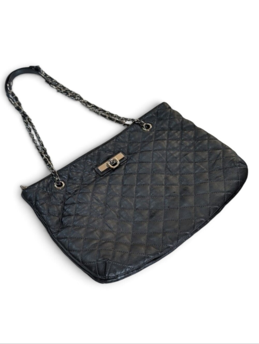 DKNY, Blue/Gray  Shoulder Or Crossbody Leather Quilted Bag With Gold Tone Chain